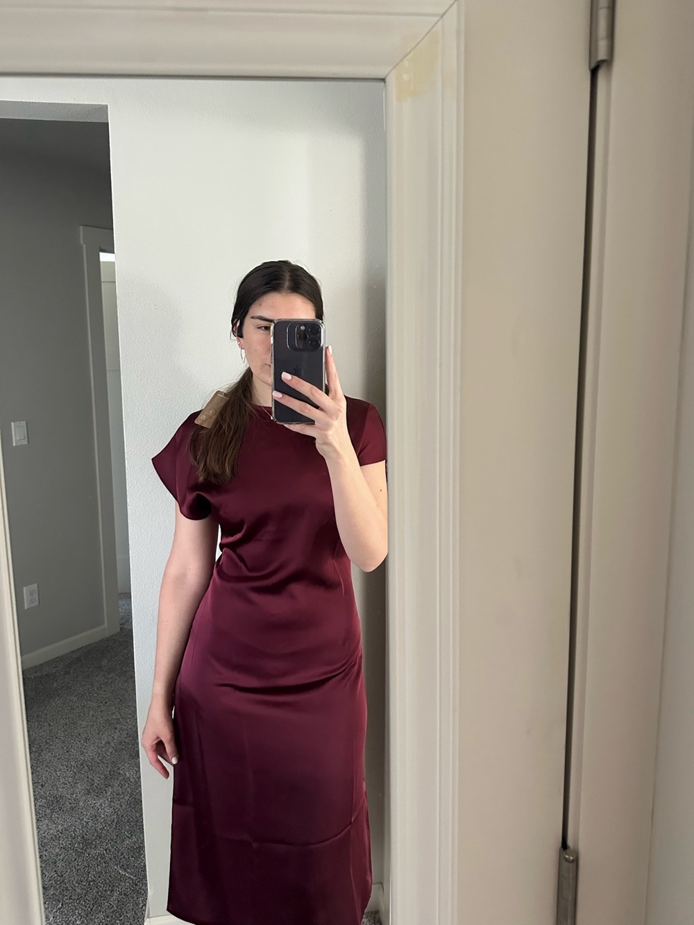 RIHOAS NWOT Satin Cowl Sleeve A-Line Midi Dress in Burgundy